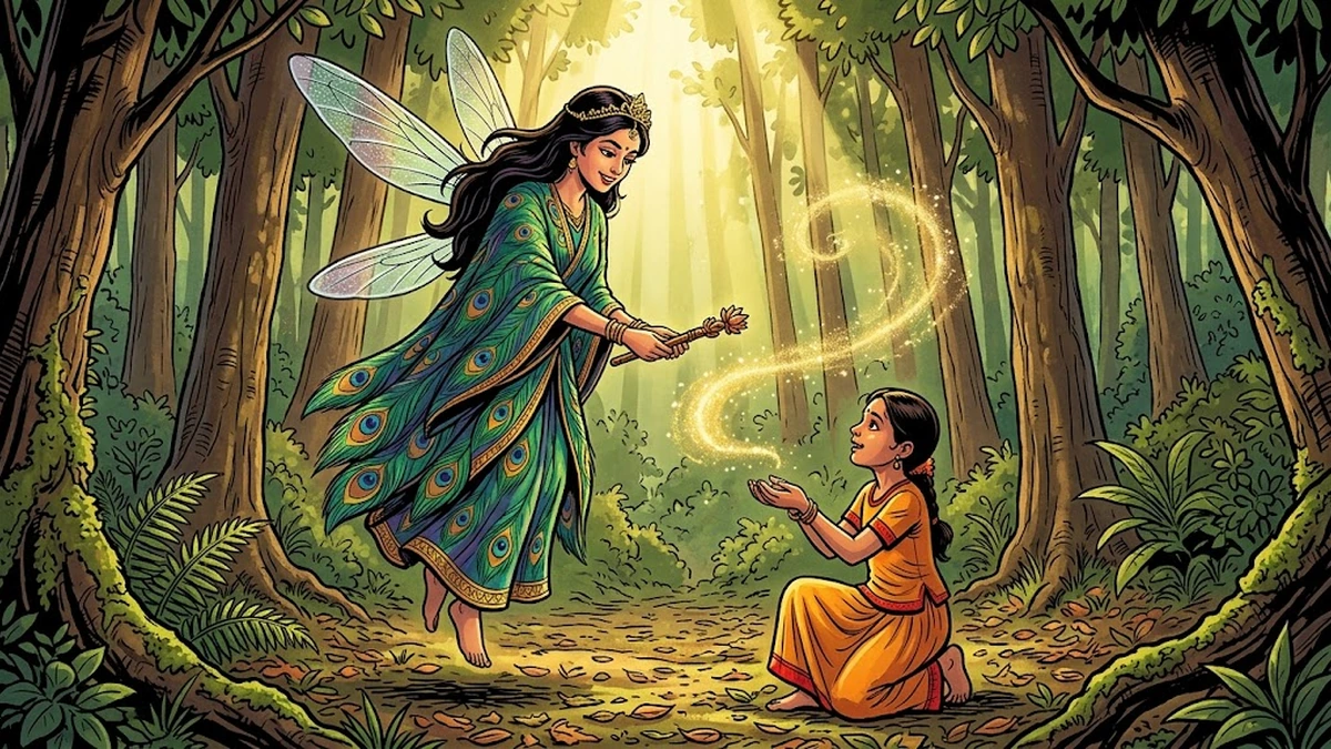 The fairy presents the magic sandalwood wand to Tara