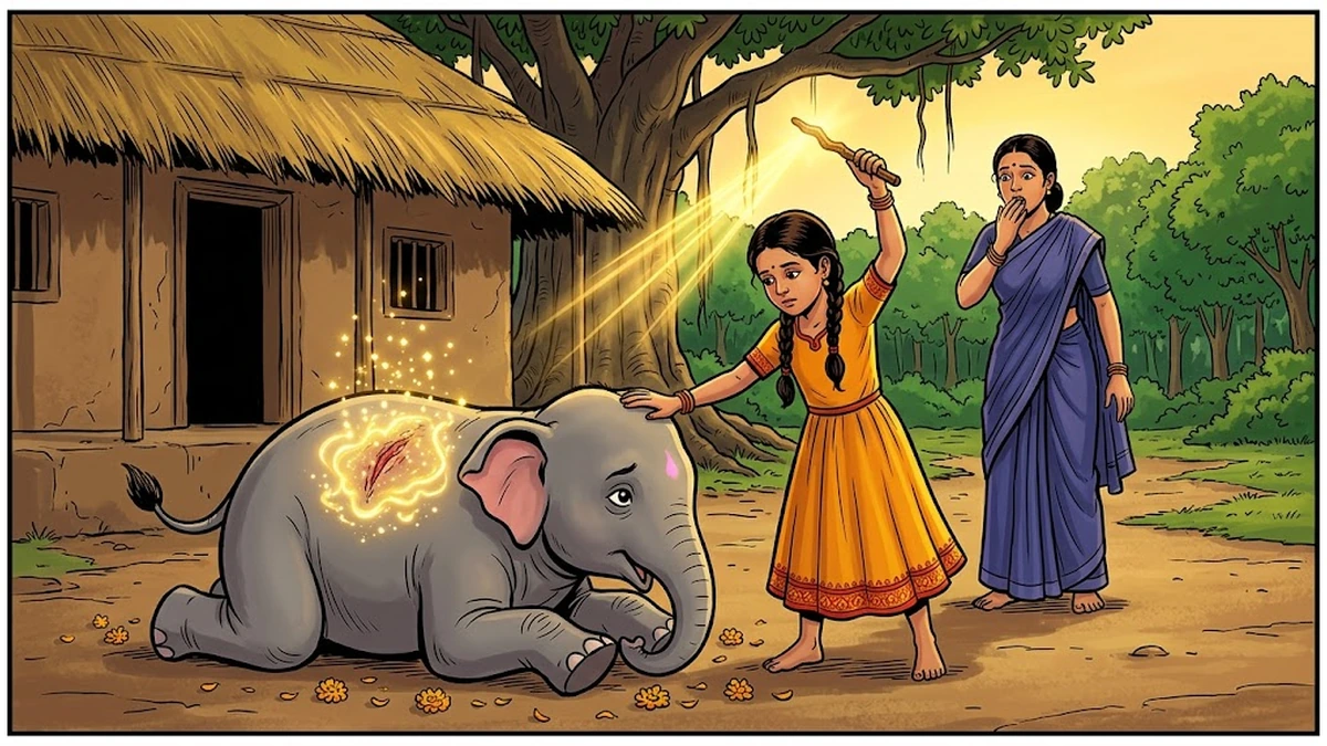 Tara heals the wounded baby elephant outside her hut