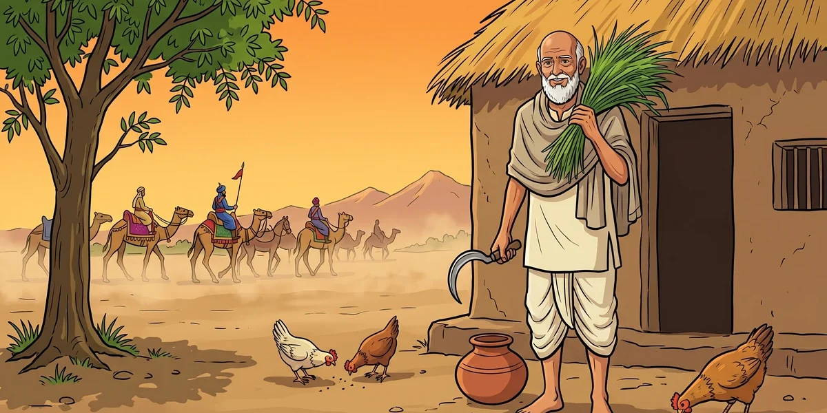 Wali Dad the simple-hearted Punjabi grass-cutter outside his mud hut at golden hour with a distant caravan approaching, ACK style folk-tale illustration