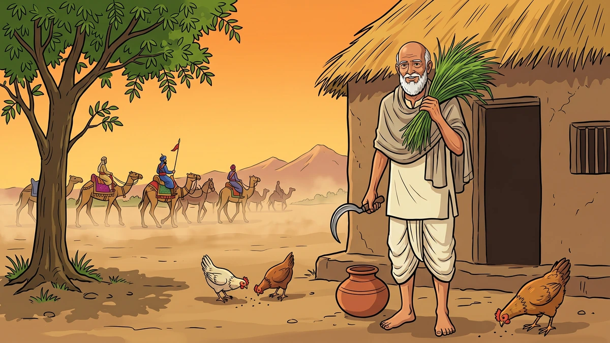 Wali Dad outside his Punjabi mud hut at golden hour, ACK style
