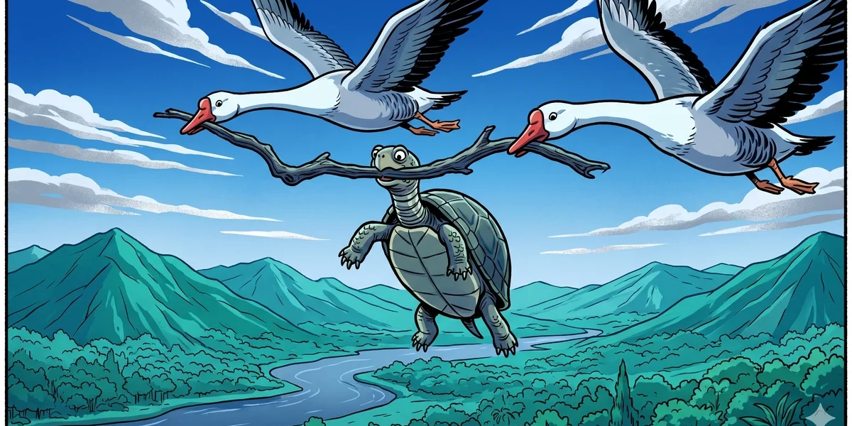 The Talkative Tortoise - Cover - Kambugriva the tortoise mid-flight biting a wooden stick held by two wild geese Sankata and Vikata, deep blue sky with cool teal mountains below - Amar Chitra Katha Style