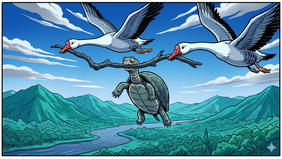 The Talkative Tortoise — Kambugriva the tortoise mid-flight biting a wooden stick held by two wild geese Sankata and Vikata, deep blue sky and cool teal mountains below