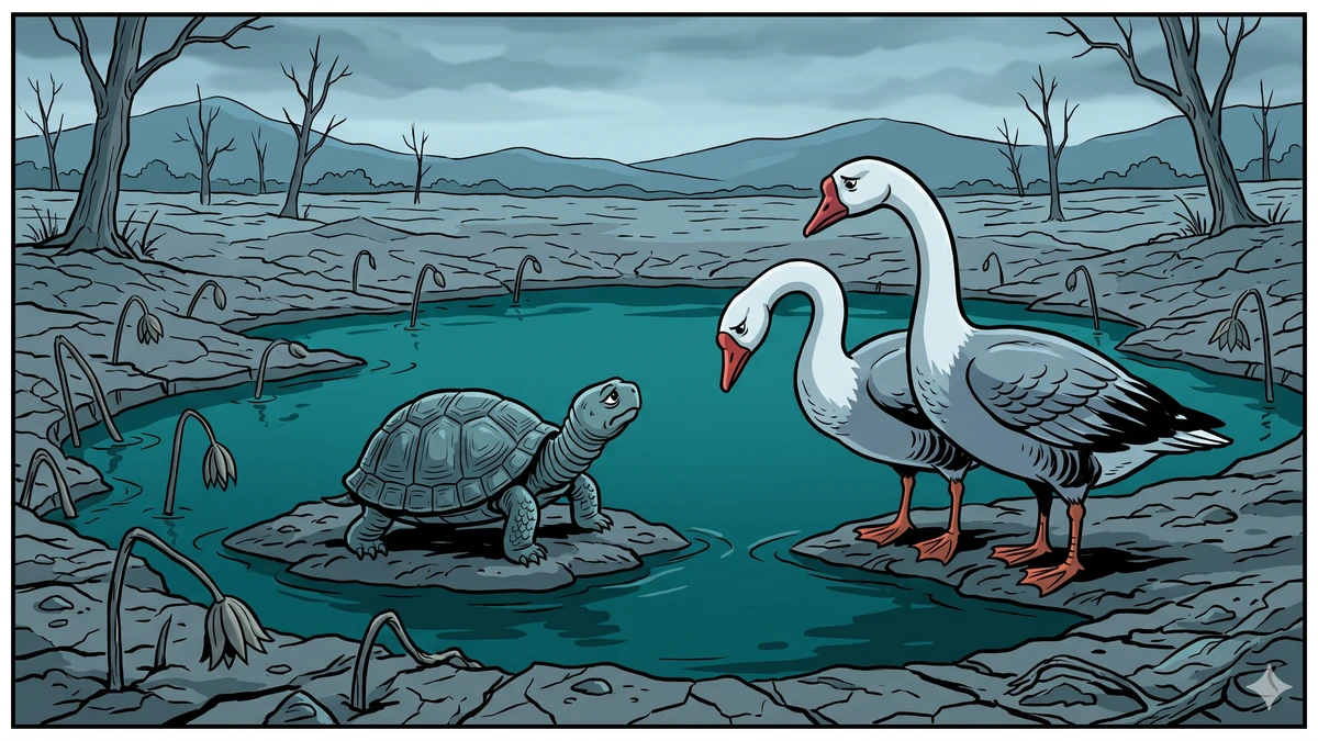 The drought: Kambugriva on a small mud island in the shrinking Phullotpala pond, two geese at the water's edge, wilting lotuses, slate-grey cracked earth, deep teal water