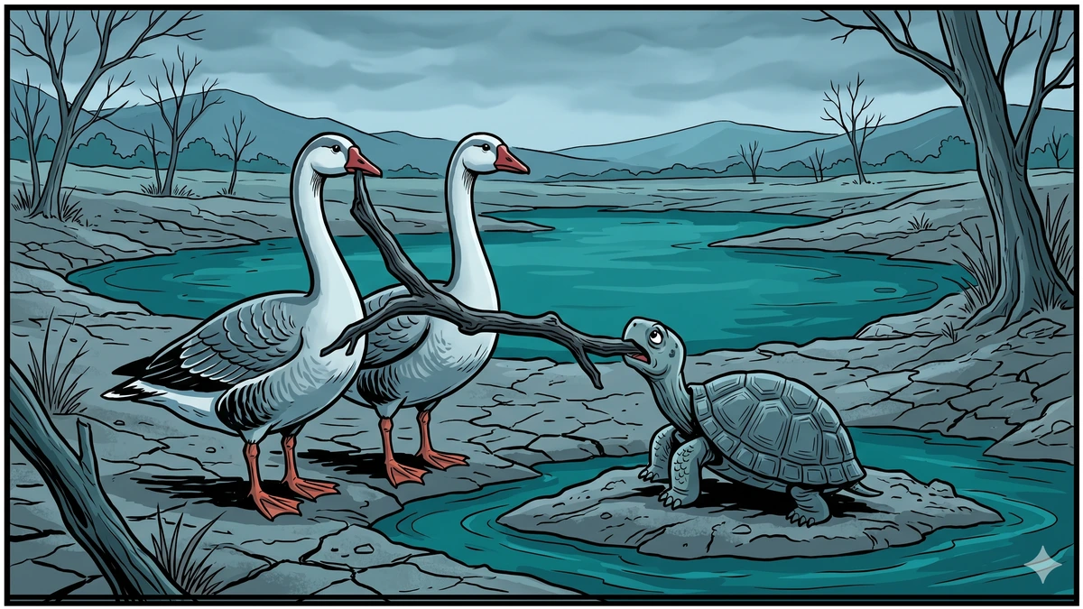 The plan: the two wild geese demonstrating a stick held between their beaks while Kambugriva the tortoise looks up with hope and fear
