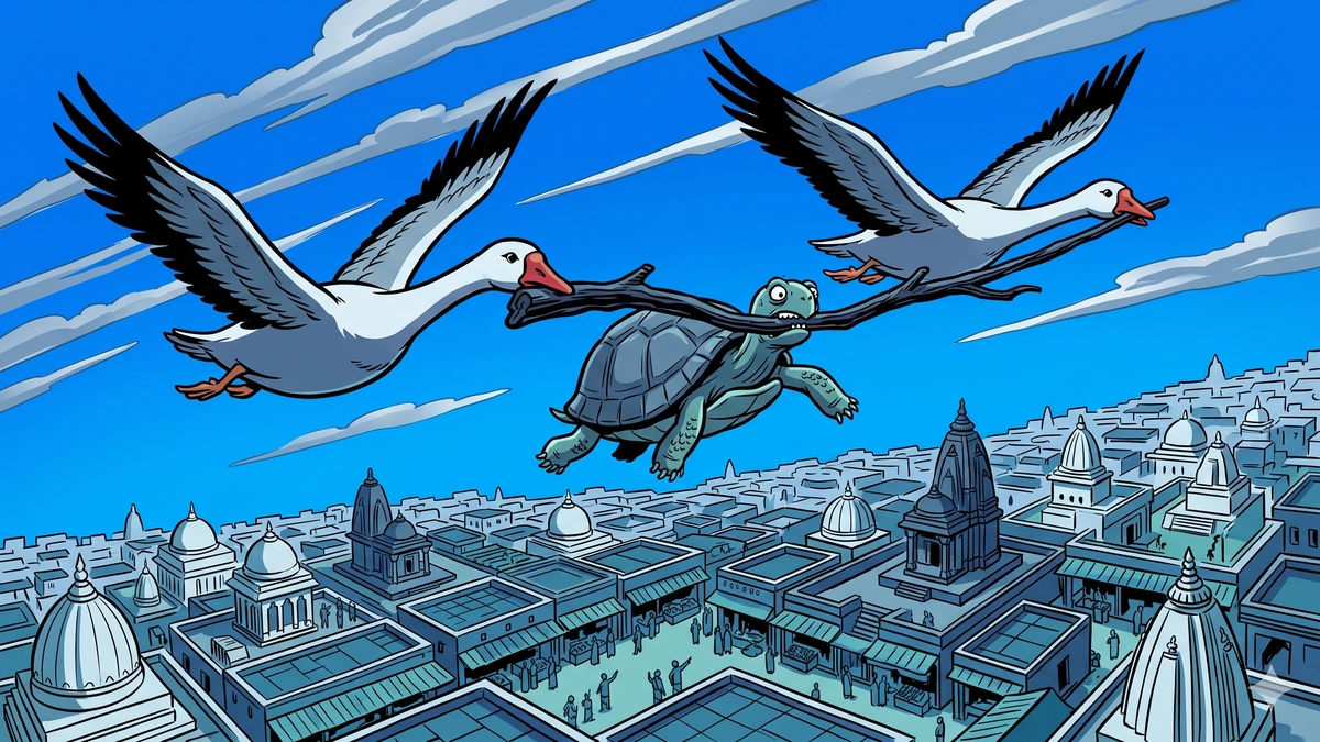 Mid-flight: two geese carrying the tortoise on a stick over an ancient Indian city of domes, temples, and a market square, tiny figures looking up and pointing