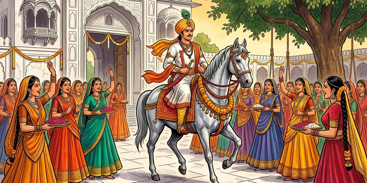 Raja Rasalu arrives at Kot Bithaur on his silver-grey Marwari horse Bhaunr Iraqi, met by seventy laughing princess maidens of King Sarkap in jewel-tone lehengas with marigold garlands and brass thalis — Punjabi folk-tale ACK illustration