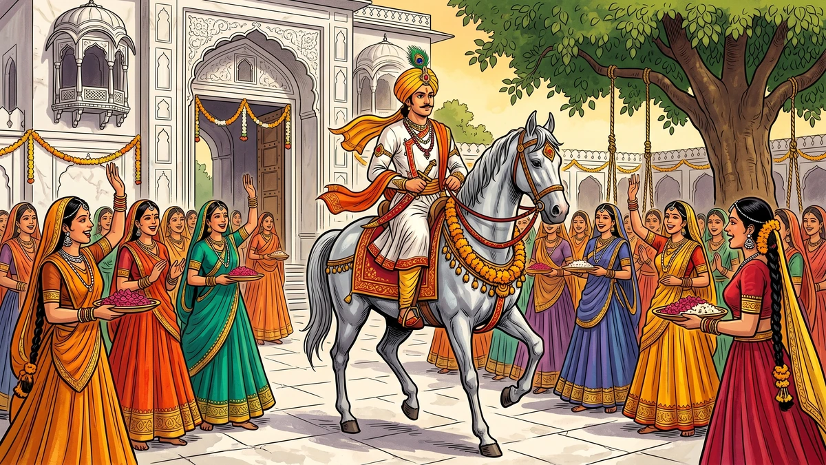 Raja Rasalu arrives at Kot Bithaur on his silver-grey Marwari horse Bhaunr Iraqi, met by seventy laughing princess maidens of King Sarkap in jewel-tone lehengas with marigold garlands and brass thalis — Punjabi folk-tale ACK illustration