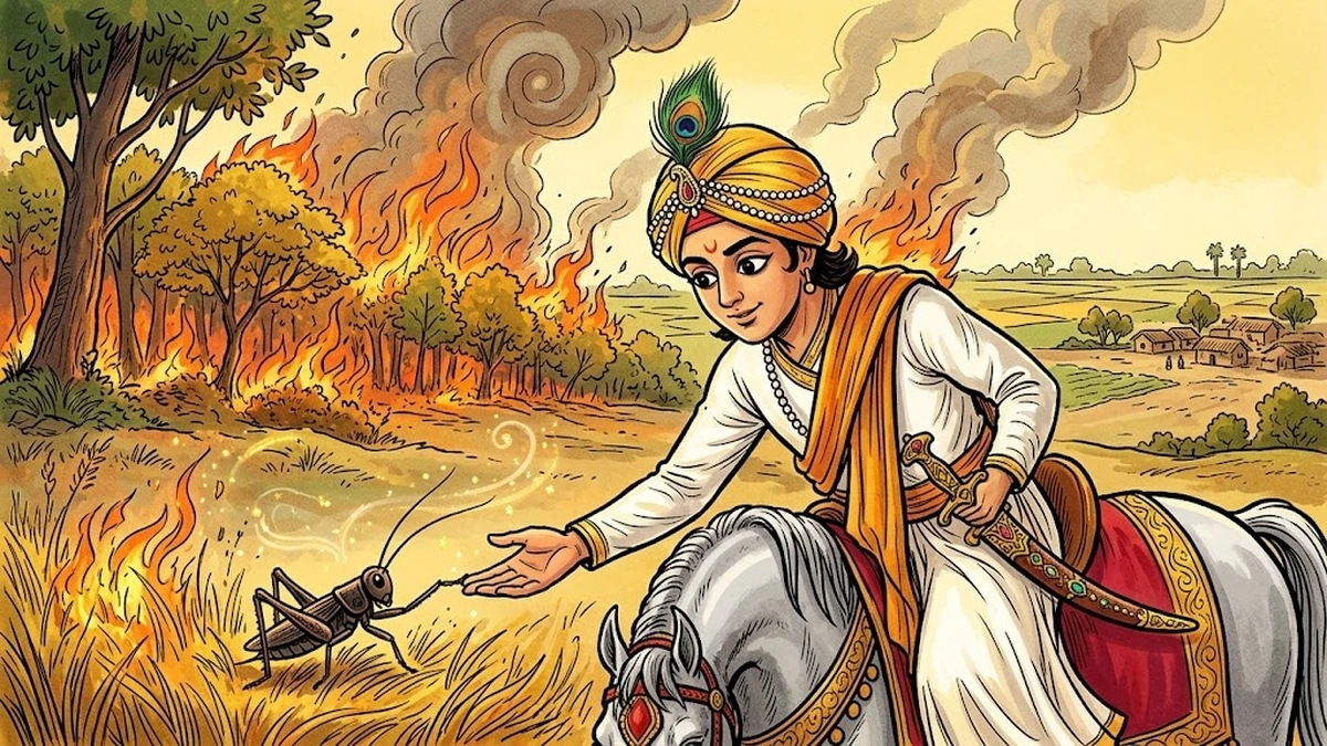 Raja Rasalu rescues a small cricket from the burning forest of sal and kikar trees on the road to Kot Bithaur — Punjabi folk-tale ACK illustration