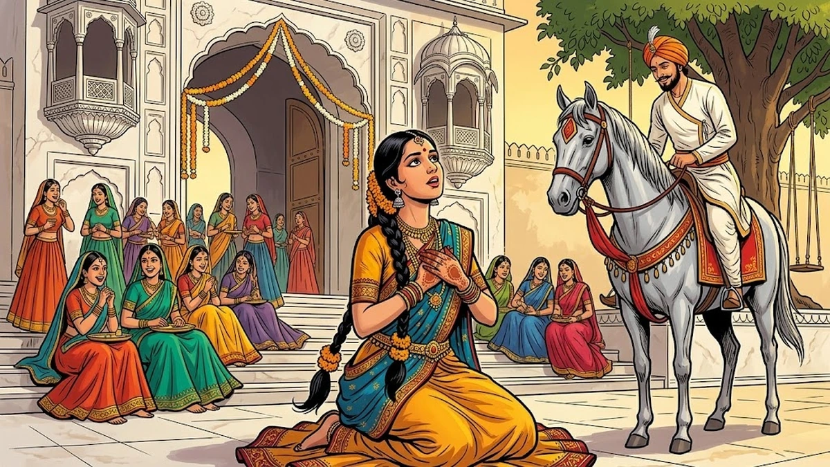 The youngest of the seventy maidens kneels in saffron-yellow lehenga with peacock-blue dupatta and sings a warning to Raja Rasalu at the marble palace gate of Kot Bithaur — Punjabi folk-tale ACK illustration