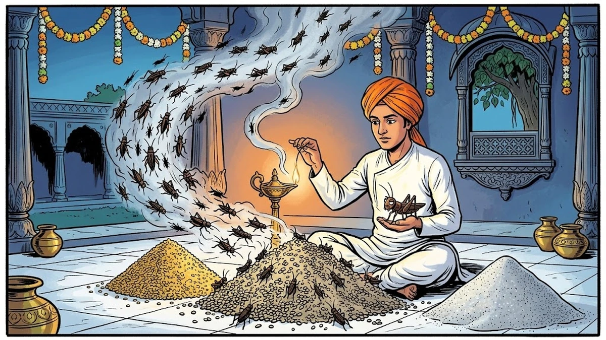 A great descending swarm of crickets sorts a hundredweight of pearl-millet bajra grains from a hundredweight of river-sand by midnight in the Kot Bithaur palace courtyard, while Raja Rasalu sits cross-legged with the chief grateful cricket on his palm — Punjabi folk-tale ACK illustration