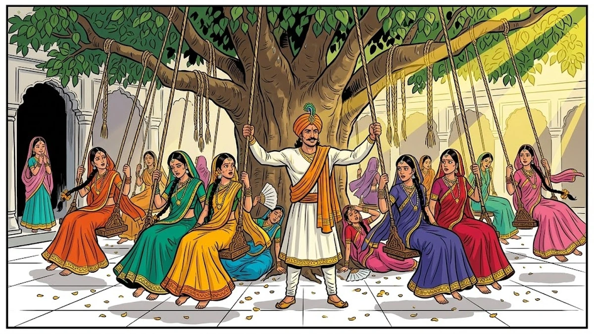 Raja Rasalu pushes the sixty-nine sisters on the carved shisham-wood peeng-swings under the great peepal tree of Kot Bithaur until they are exhausted, while the youngest maiden Kokilan watches from the marble threshold — Punjabi folk-tale ACK illustration