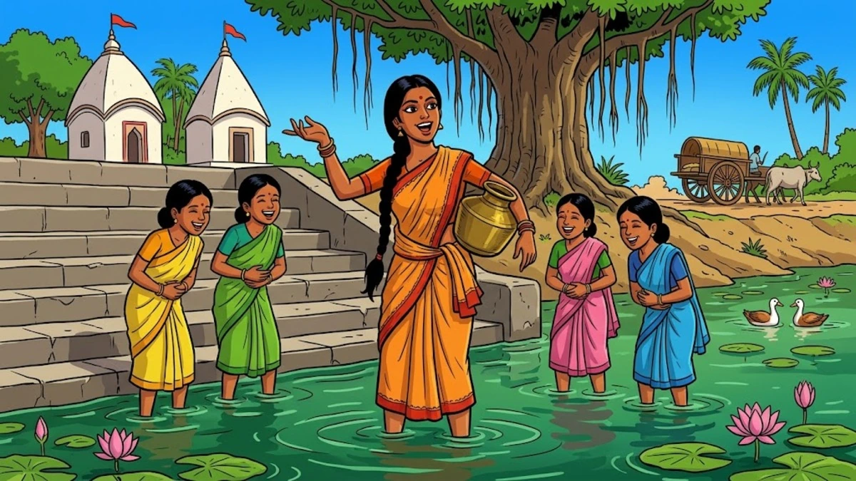 Bengali village pond - the cow-dung seller's daughter makes her boast about a moon-foreheaded son