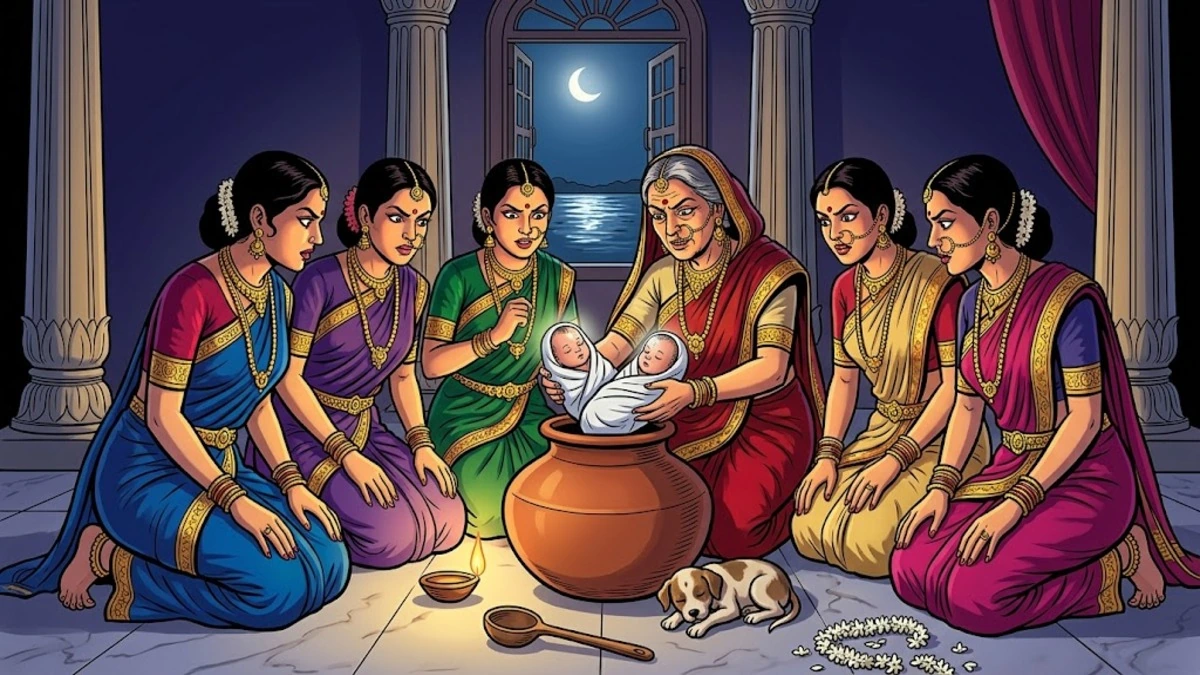 Six jealous co-wives of the king place the magical newborn twins in a sealed clay water-pot at midnight - ATU 707 substitution motif