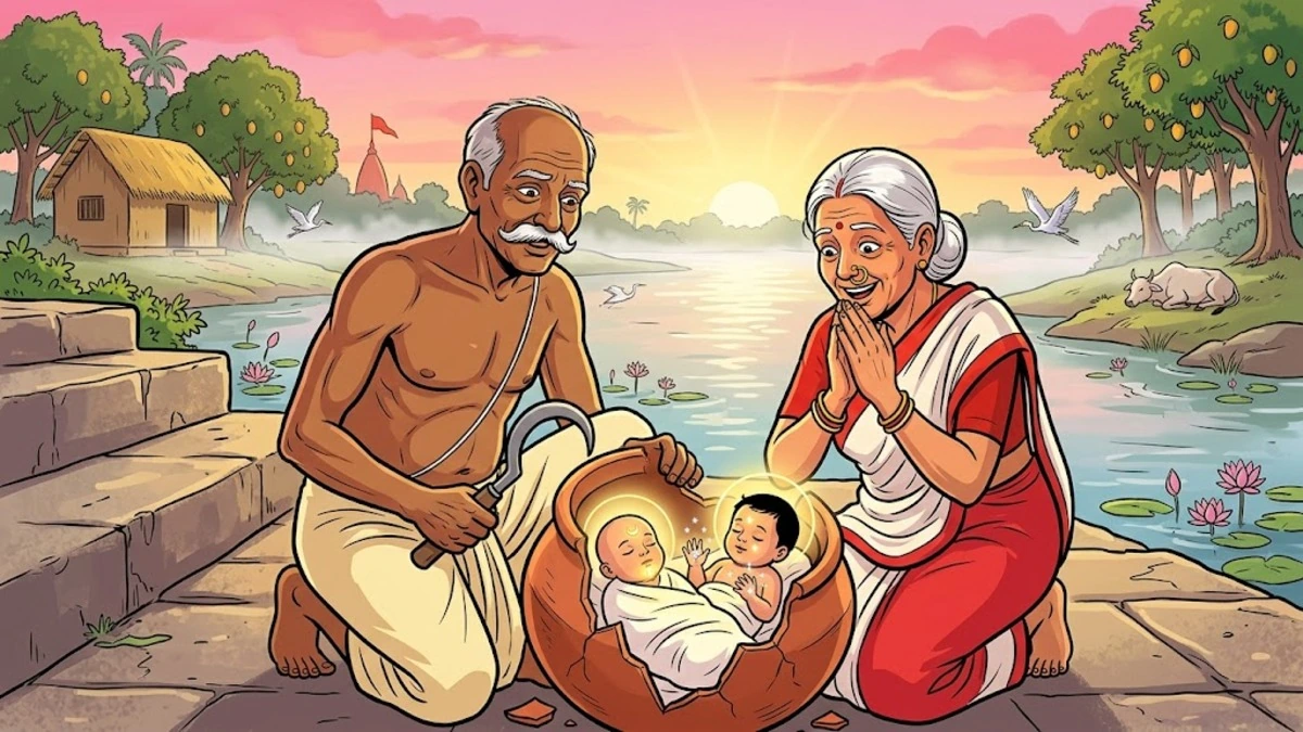 Old Bengali gardener and his wife discover the babies in the broken clay pot at the river-ghat at dawn - rescued from the Ganga