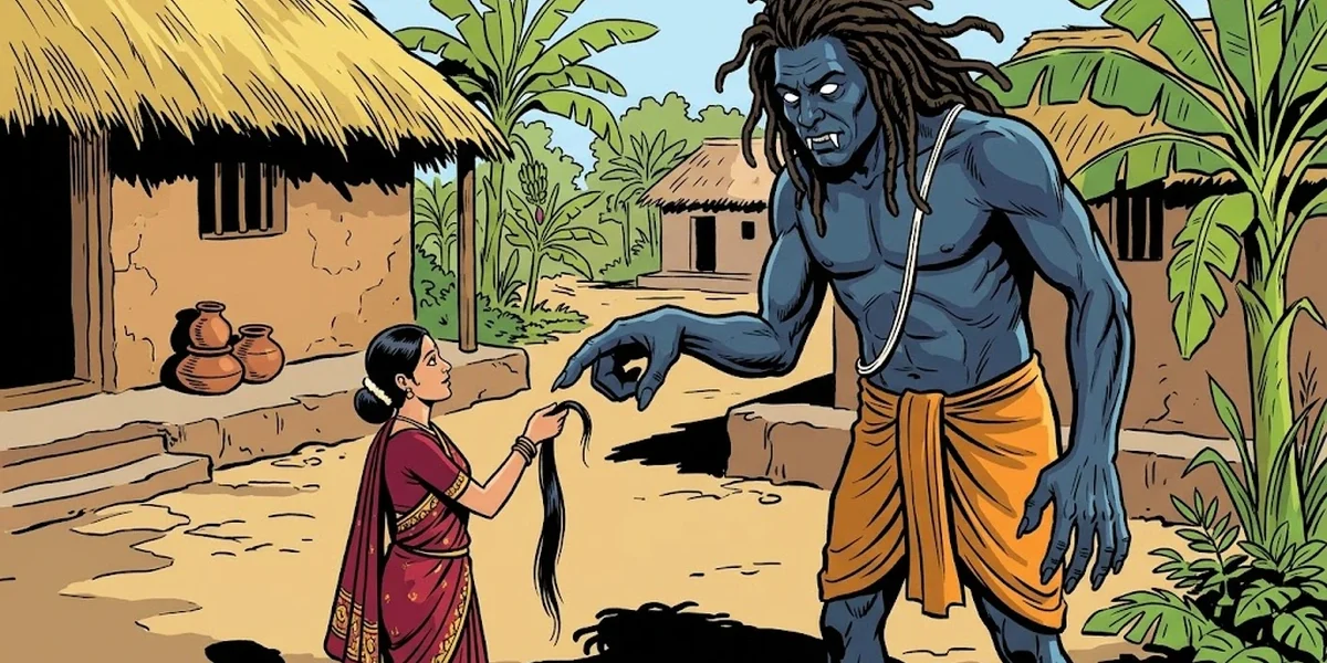Tamil woman calmly hands a single black hair to the towering Brahmarakshasa demon - cover illustration of Natesa Sastri's 1890 South Indian folktale