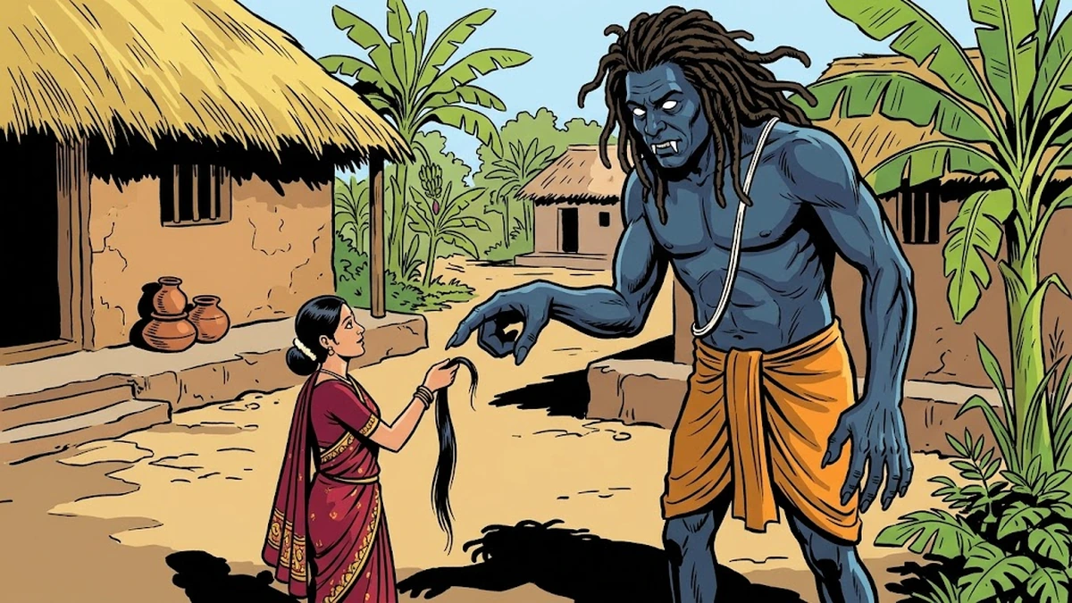 Tamil woman calmly hands a single black hair to the towering Brahmarakshasa demon - cover illustration of Natesa Sastri's 1890 South Indian folktale