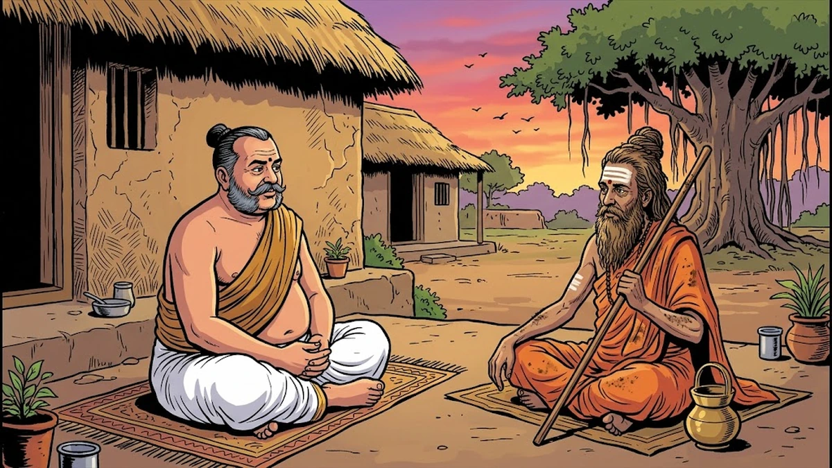 The wandering Sannyasi mendicant teaches the secret mantra to the miser landlord on his thatched verandah - South Indian Tamil folktale