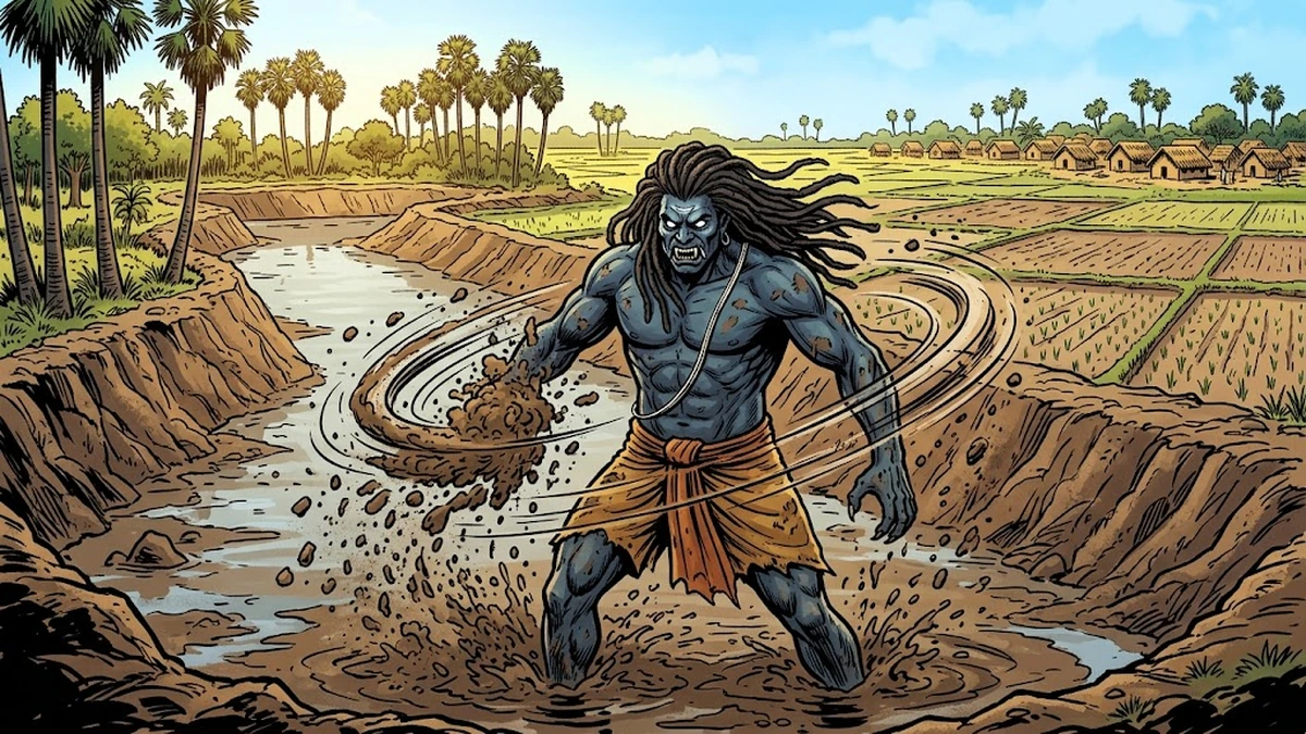 The Brahmarakshasa demon stands in the freshly-dug irrigation tank he has just completed in seconds - Tamil folk tale ATU 1175