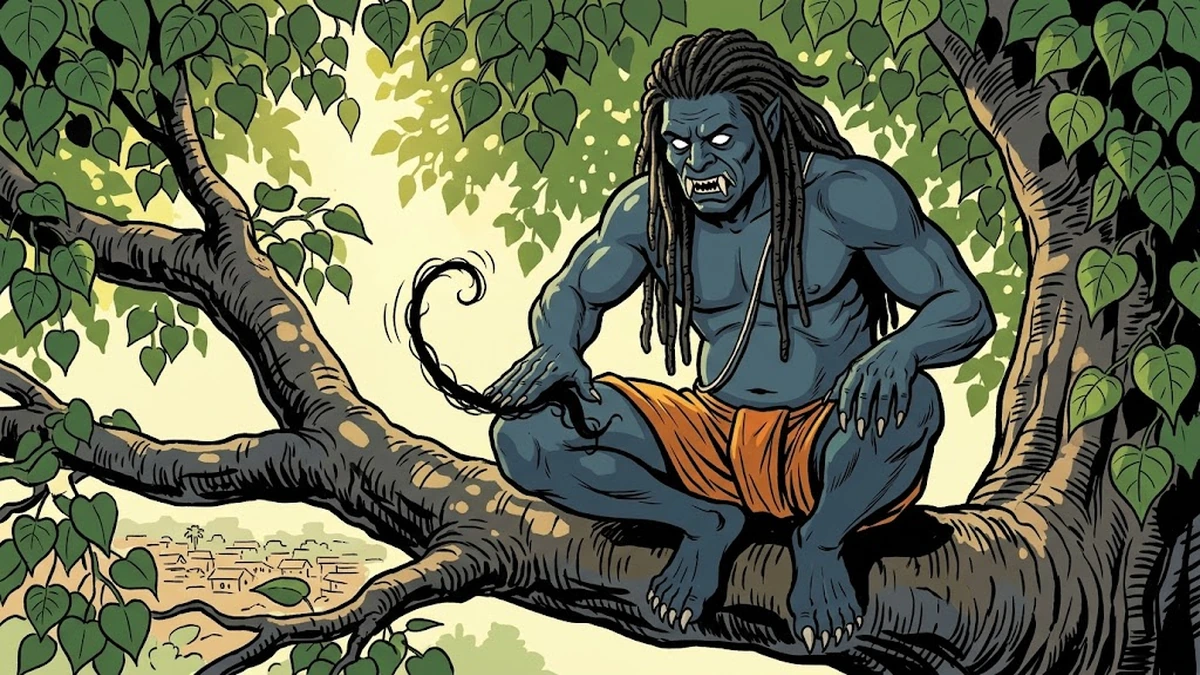 The Brahmarakshasa in a peepal tree trying to roll the curly hair straight on his thigh - the impossible task of folk tradition