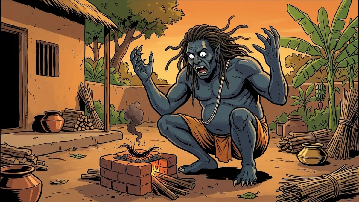The horrified Brahmarakshasa watches the hair frizzle up on the cooking-fire embers - moment of his defeat in the Tamil folktale
