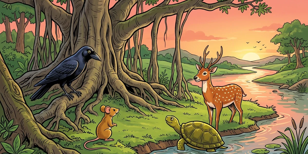 Laghupatanaka the crow, Hiranyaka the mouse, Mantharaka the turtle and Chitranga the deer gathered at sunset under a banyan tree on the bank of the Godavari river — frame story of Panchatantra Book 2 Mitra-Samprapti, illustrated in Amar Chitra Katha (ACK) style