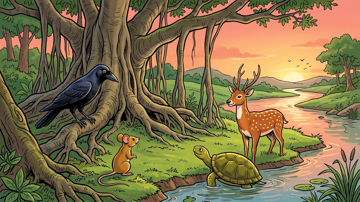 Laghupatanaka the crow, Hiranyaka the mouse, Mantharaka the turtle and Chitranga the deer at sunset under a banyan tree on the Godavari riverbank — Panchatantra Book 2 Mitra-Samprapti, ACK style