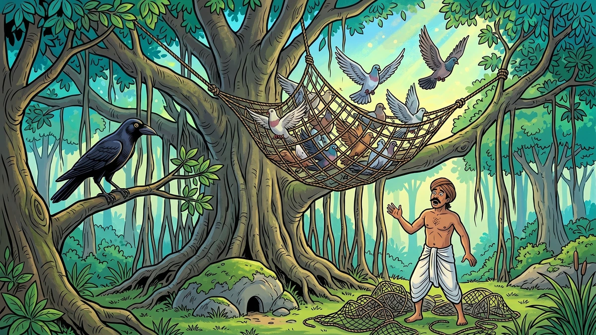 A flock of doves carrying the hunter's net up into the sky as one team while Laghupatanaka the crow watches, opening episode of Panchatantra Mitra-Samprapti