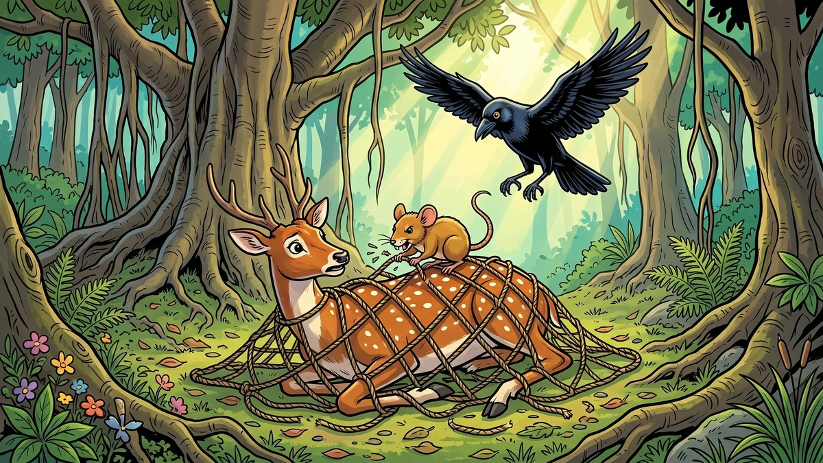Hiranyaka the mouse gnawing through the ropes of a hunter's net to free Chitranga the spotted chital deer while Laghupatanaka the crow flies above