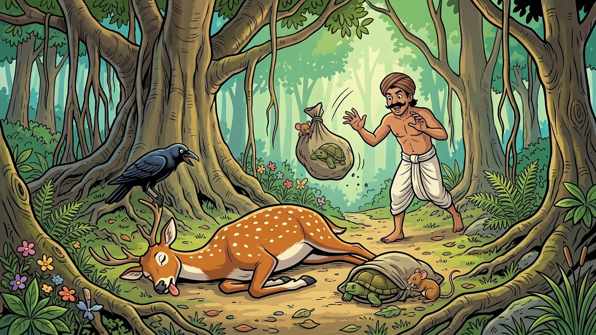 Chitranga the deer pretending to be a fresh carcass with Laghupatanaka on his head while the Indian fowler drops his sack and rushes forward — final rescue of Mantharaka the turtle, Panchatantra Mitra-Samprapti