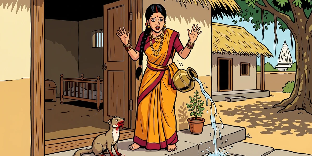 Brahmin's wife at the threshold sees the bloodied mongoose - The Brahmin's Wife and the Mongoose - Panchatantra Book V Apariksita-karaka - ATU 178A The Faithful Animal Rashly Killed - ACK Indian comic-book illustration
