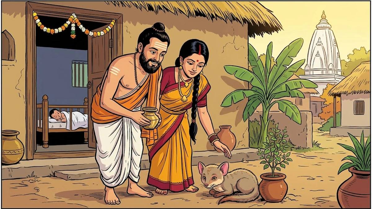 Devasharma and Yajnaseni welcome the orphan nakula pup beside the tulasi at the threshold of their priest's house in Pratishthanapura.