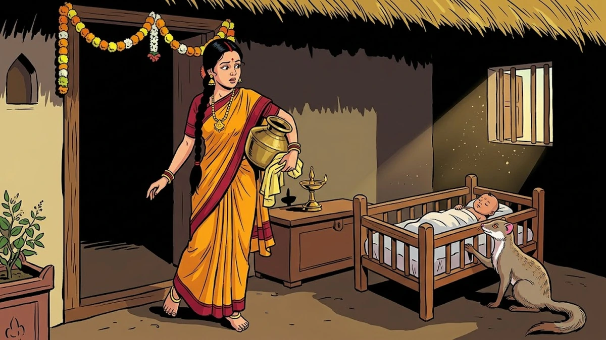 Yajnaseni lifts the empty kalasha onto her hip and looks back; the mongoose stands guard at the cradle's foot.