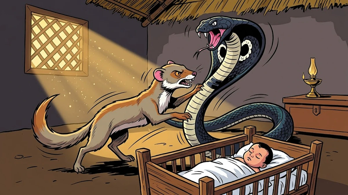 Above the cradle the loyal mongoose lunges at the rearing king cobra; the baby sleeps undisturbed below.