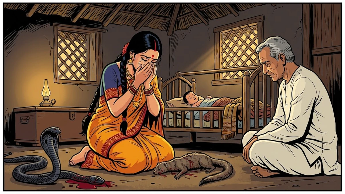 Truth, too late: the broken kalasha, the dead mongoose, the dismembered cobra in three pieces, and the safe sleeping child.