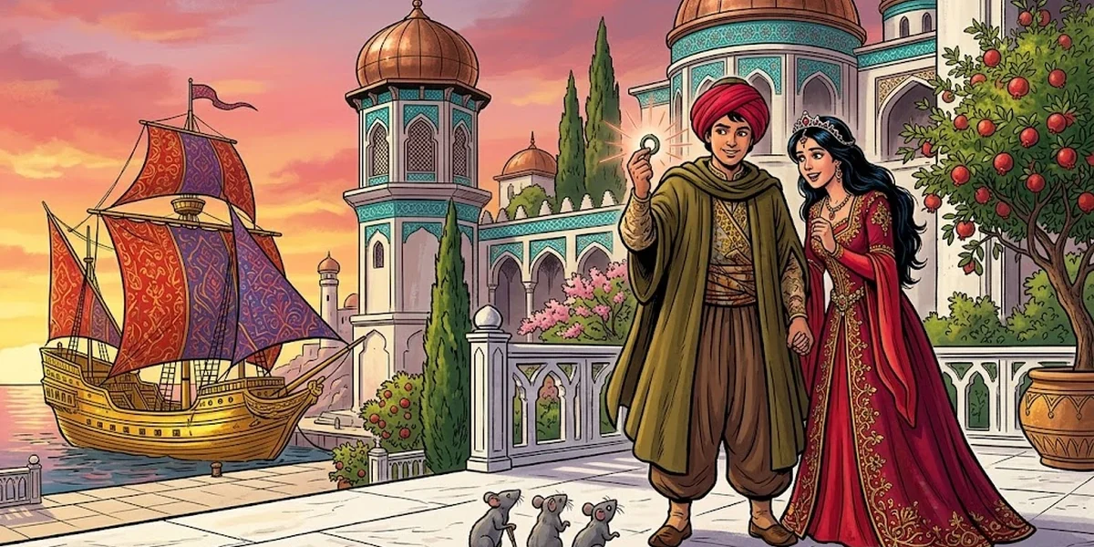The Bronze Ring — gardener's son Yusuf and princess Selime hold a glowing bronze ring on the white marble palace terrace at sunset, golden ship in harbor, three peculiar mice at their feet, ACK Amar Chitra Katha style