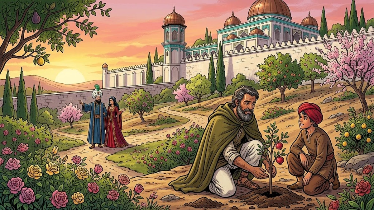 The gardener Mehmet and his son Yusuf plant pomegranate saplings in the flourishing Anatolian palace orchard while Sultan and Princess Selime watch from afar — ACK Amar Chitra Katha illustration
