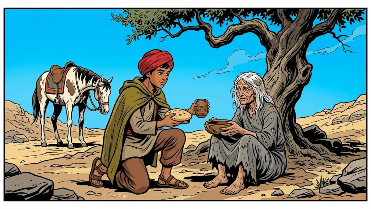 Yusuf the gardener's son kneels at the dusty crossroads under an olive tree offering bread and a cup of water to the old beggar-witch — ACK Amar Chitra Katha illustration