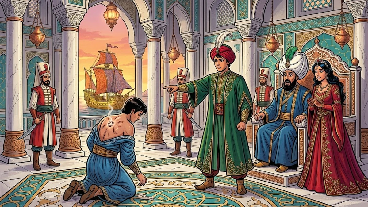 The wedding court — the brand of the bronze ring is exposed on Halil's bare back, Yusuf accuses, Sultan and Princess Selime look on — ACK Amar Chitra Katha illustration