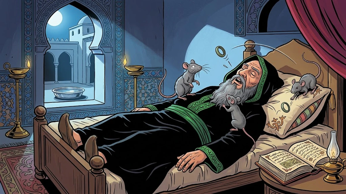 The three peculiar mice — lame, blind, and one-eyed — retrieve the bronze ring from the sleeping Maghrebi sorcerer's mouth at midnight — ACK Amar Chitra Katha illustration