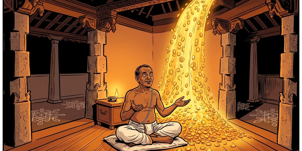 Tamil Brahmin man in awe as gold mohurs cascade from rafters - Good Luck to the Lucky One folk tale cover