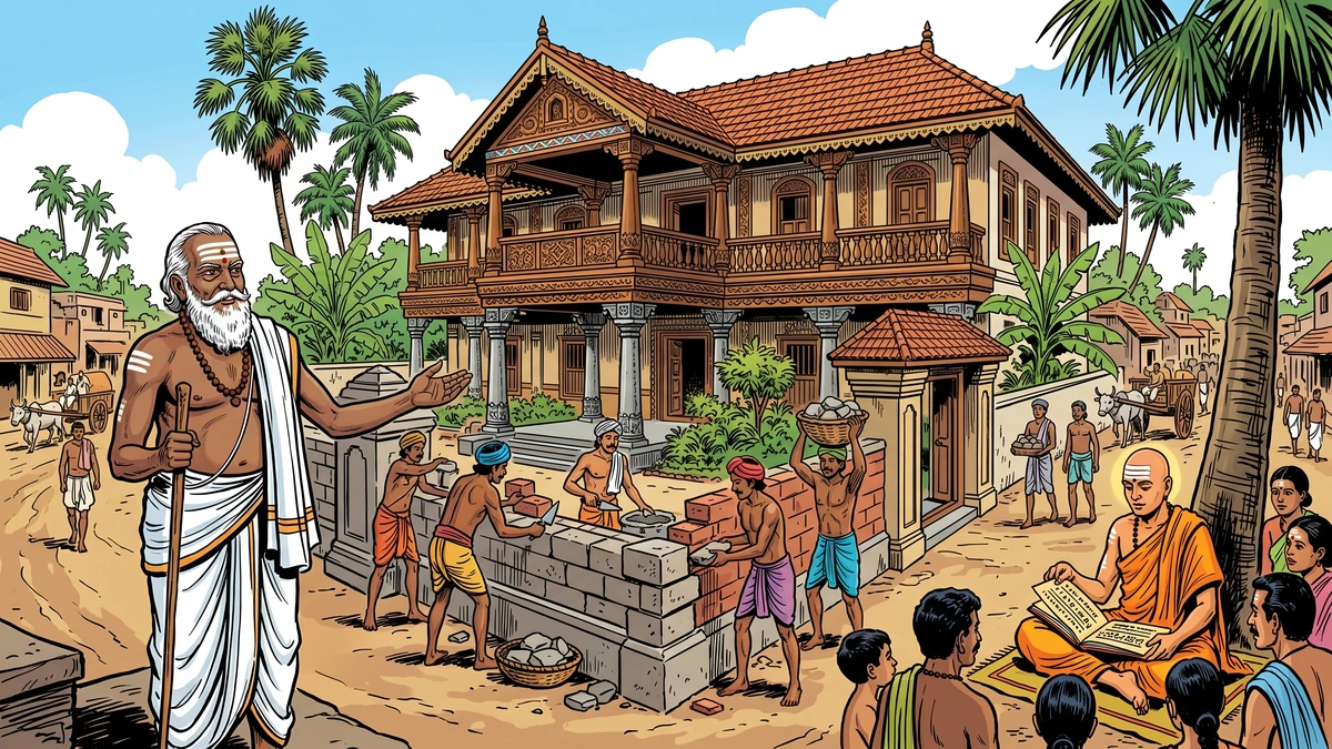Wealthy Tamil Brahmin supervising the building of his grand mansion with masons and astrologer