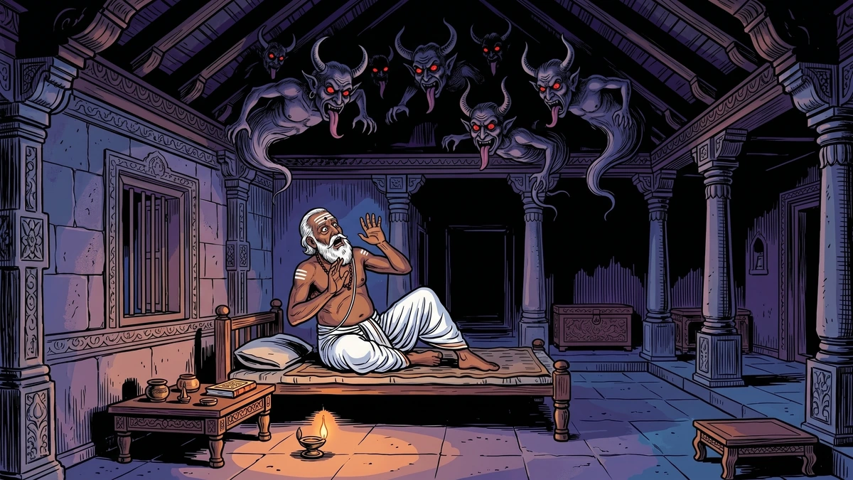 Wealthy Brahmin terrified by demon voice in the rafters of his new haunted mansion