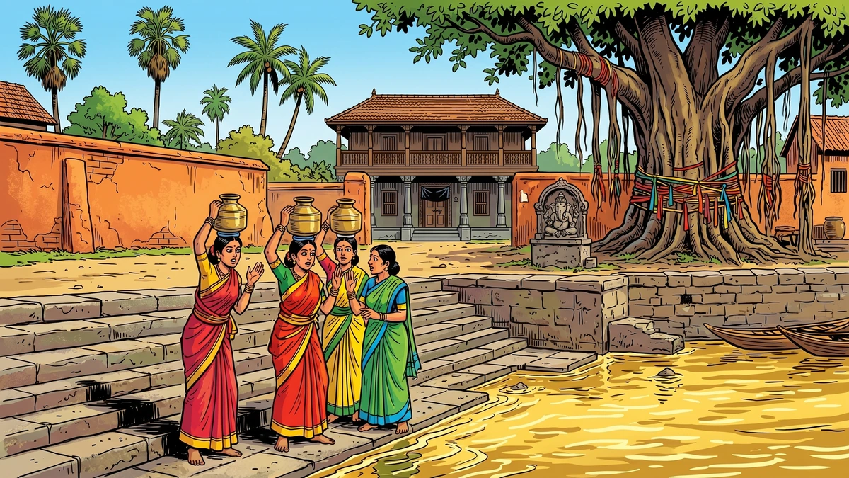 Tamil village women gossiping at the riverside ghat about the haunted mansion