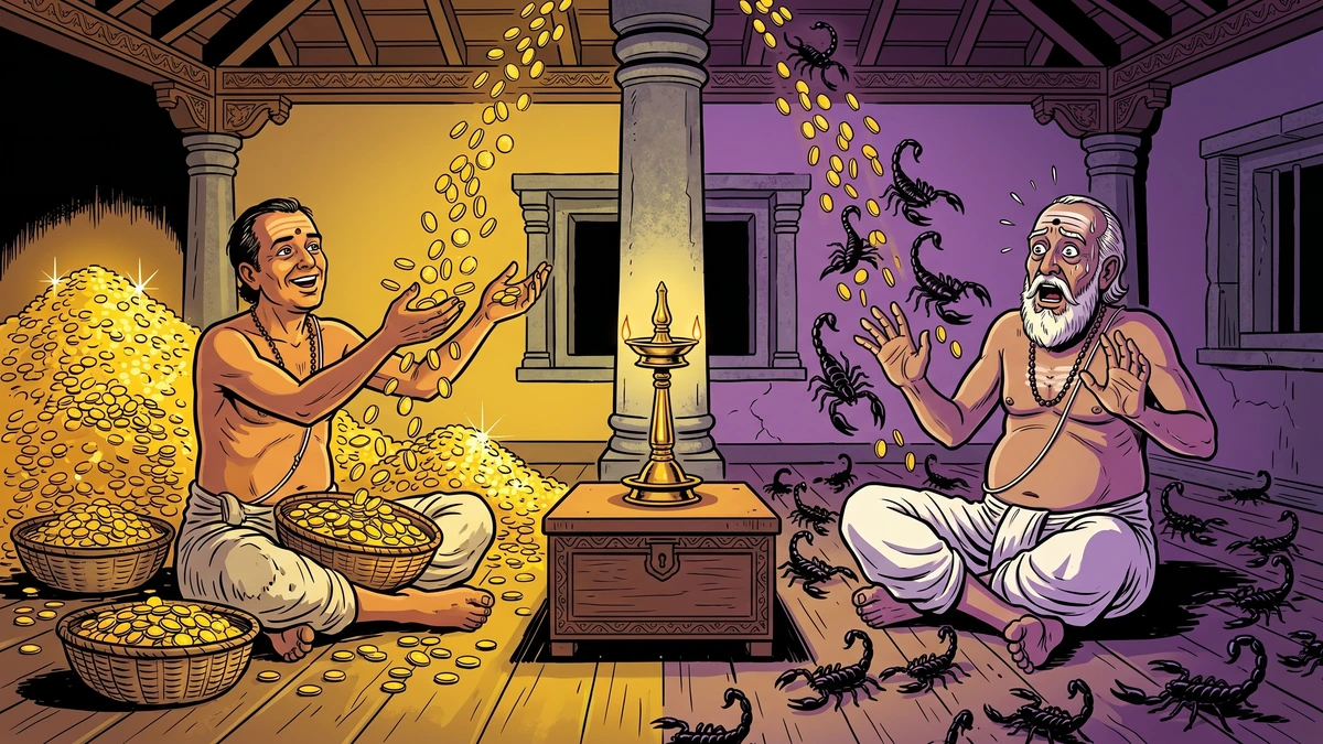 Split-vision: poor Brahmin sees gold mohurs while wealthy Brahmin sees scorpions