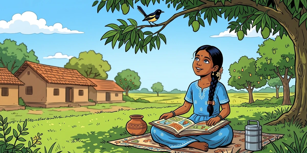 The blue-eyed village girl sits in a sunlit meadow with her storybook and a small black-and-yellow songbird perched in the mango tree above her