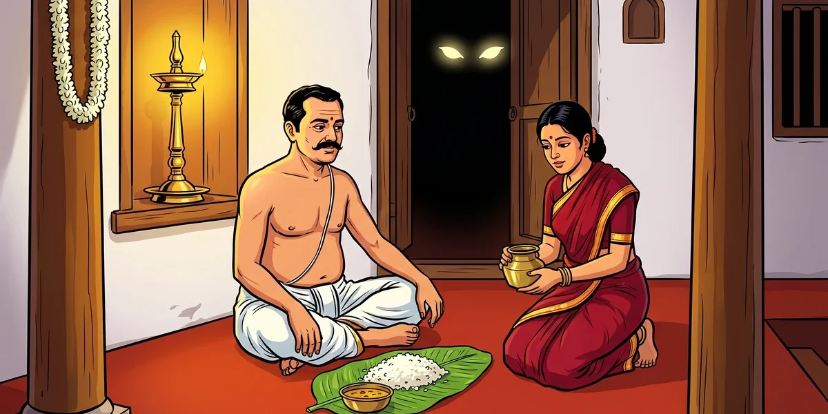South Indian Tamil Brahmin husband in white dhoti and wife in red Madisar saree with brass chembu pot at evening supper, plantain leaf of rice and dhal soup, jasmine garland and brass kuthu vilakku oil lamp, glowing yellow Yamaduta eyes in shadow of