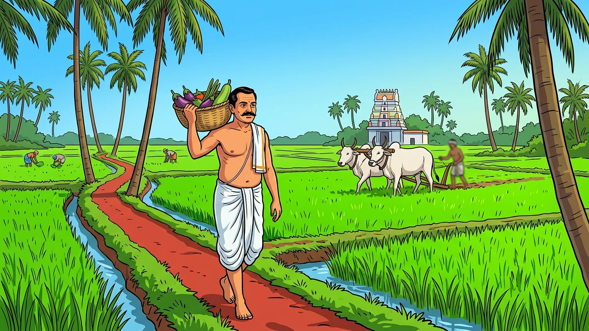 Tamil farmer in white dhoti and angavastram walking home along a red mud path through bright green paddy fields with a basket of brinjals and drumsticks, coconut palms and white temple gopuram in distance — Tales of the Sun ACK illustration