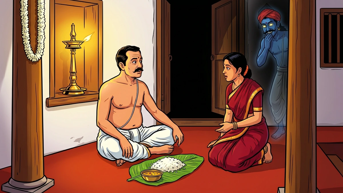 Husband and wife at evening supper in a Tamil Brahmin house startled by gurgling laughter from the doorsill where a translucent blue-skinned Yamaduta with glowing yellow eyes covers his mouth to suppress laughter — Tales of the Sun ACK illustration