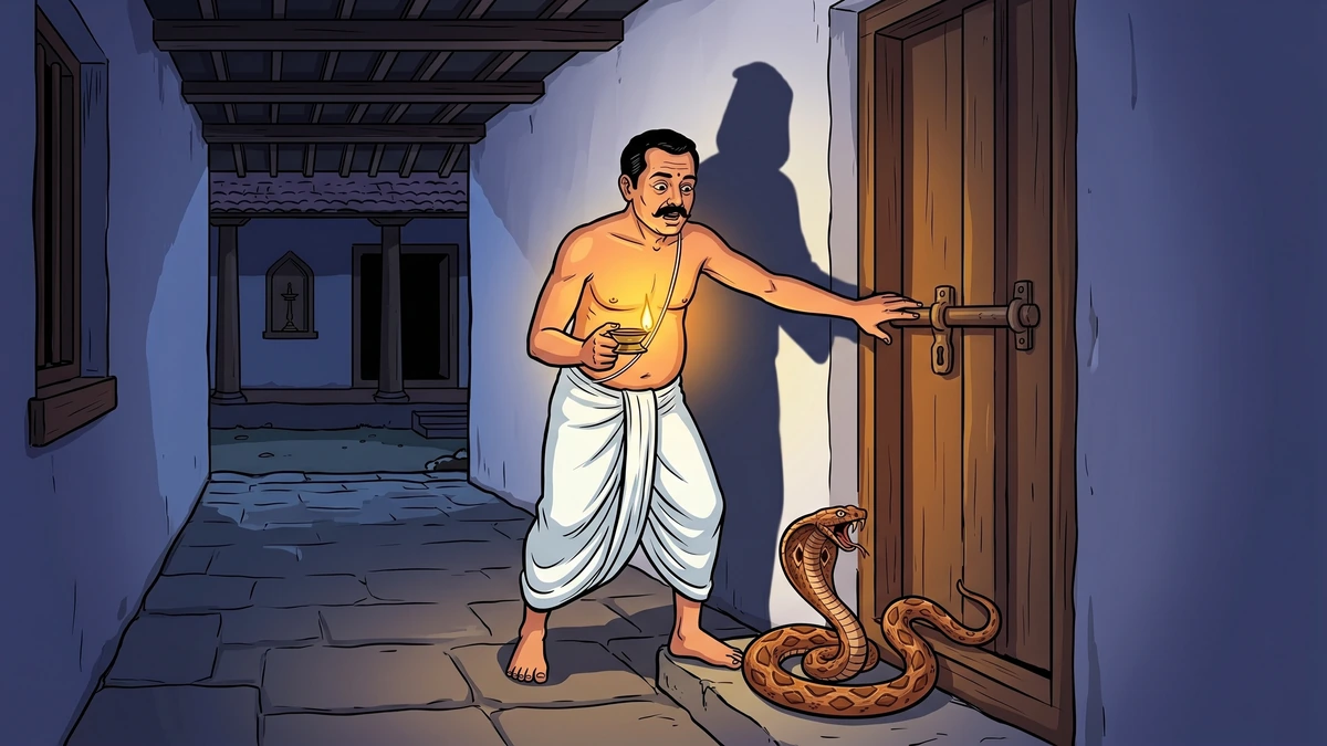 Husband in white dhoti with brass oil lamp reaching for the back-passage door bolt at midnight while a Russell's viper coils to strike at his bare feet, an unnaturally tall hooded Yamaduta shadow falling across the whitewashed wall behind him — Tales of the Sun ACK illustration