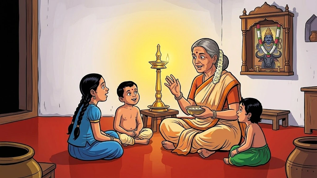 Tamil grandmother in saffron-cream Madisar saree with jasmine in her grey hair seated cross-legged on red oxide floor with a brass bowl of payasam, telling the moral of the story to three small children gathered around her by the brass kuthu vilakku, a small wooden shrine niche with a garlanded image of Yama behind her — Tales of the Sun ACK illustration